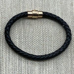 Braided Black Leather Bracelet As Is 7.5 In Gold Twist Closure Retro BoHo Hippie